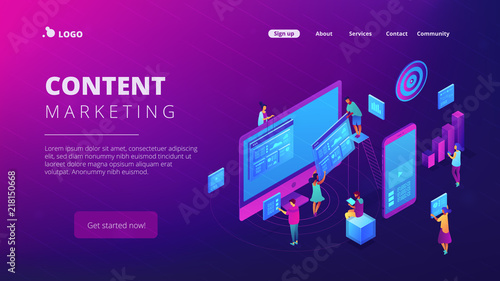 Isometric IT specialists working with charts on content marketing landing page. Business analysis, content strategy and management concept. Ultra violet background. Vector 3d isometric illustration.