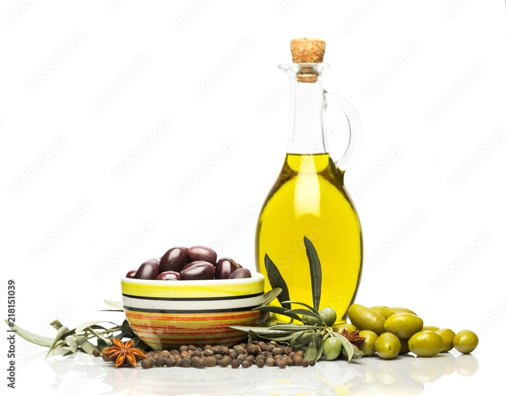 Bottles of Olive Oil with Olives and Spices