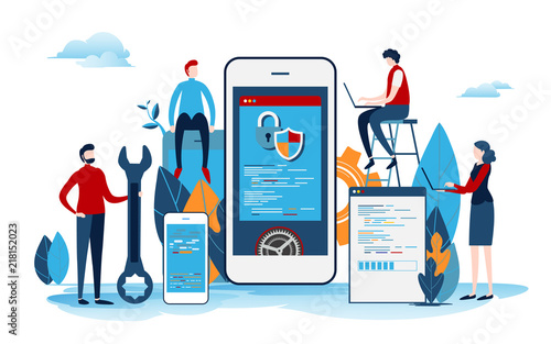 Developers create the startup project. Mobile application development process. User interface.  Flat cartoon miniature  illustration vector graphic on white background.