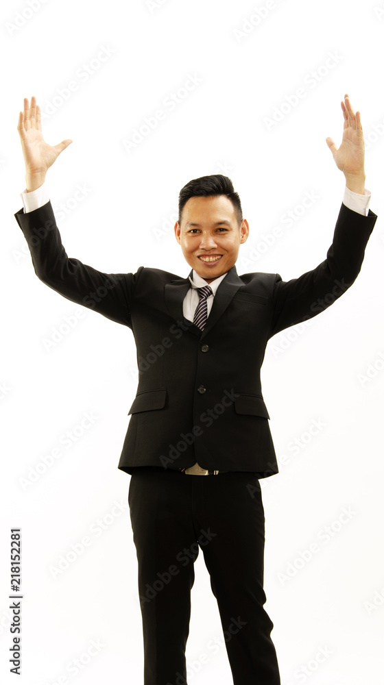 Asian business man portrait show two hand overhead Isolated on white backgrounds Asian business man portrait show two hand overhead Isolated on white backgrounds