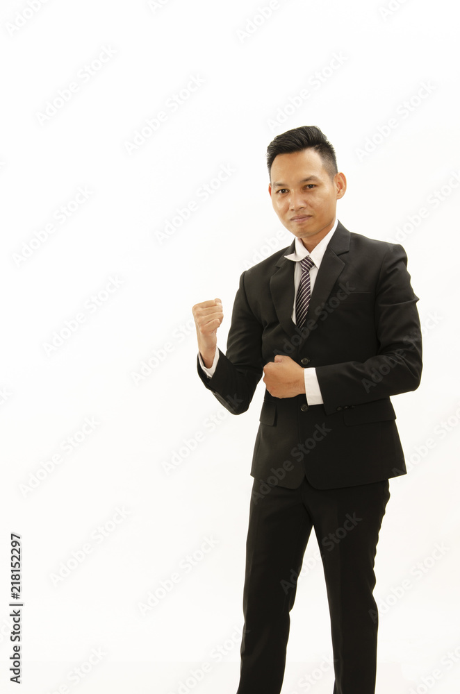 Asian business man portrait with action show giving fist Isolated on white backgrounds Asian business man portrait with action show giving fist Isolated on white backgrounds