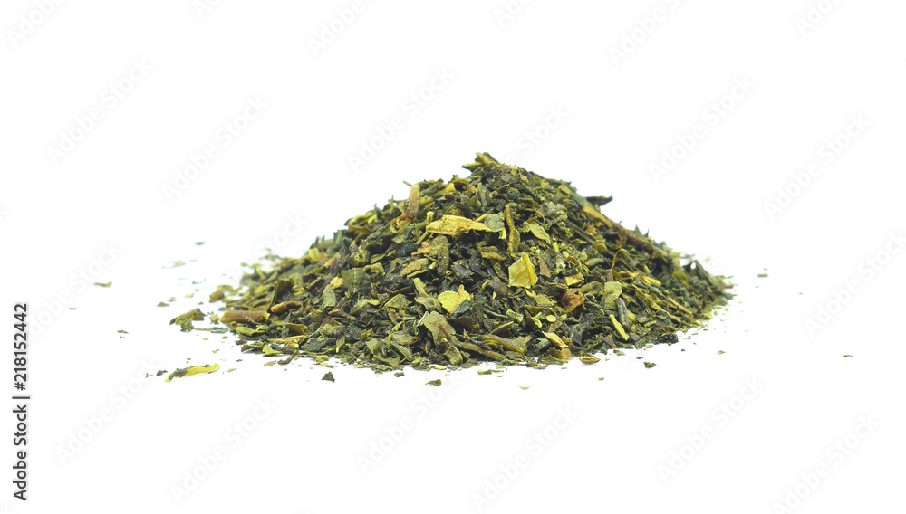 Dry green tea on white background. Dry green tea on white background.