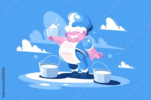 Cheerful milkman with bucket milk