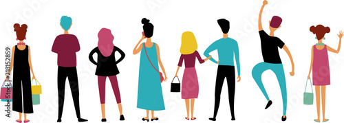 a group of people in colored clothes stands with their backs