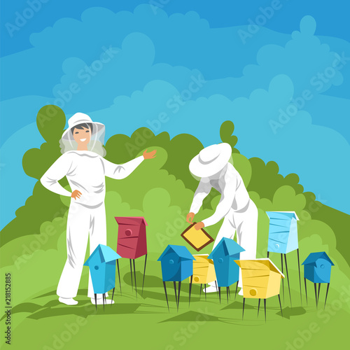 beekeepers in the apiary. employees of the apiary to collect honey