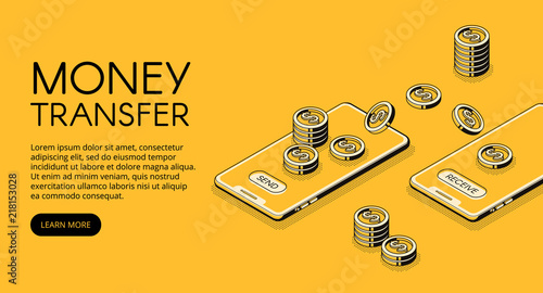 Money transfer vector illustration of online banking in mobile phone application. Isometric black thin line design of send and receive smartphone transaction technology on yellow halftone background