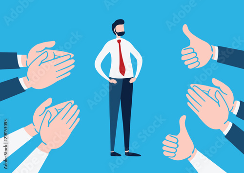 Businessman with many Hands clapping ovation and thumps up, applaud hands. Flat cartoon character. Vector illustration design.