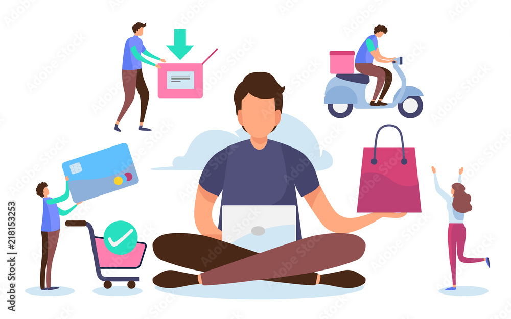 Shopping online process. Solution marketing concept. Digital payment. Flat cartoon miniature character. Vector illustration design on white background.
