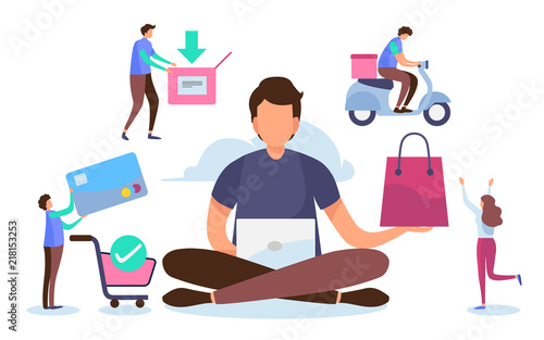 Shopping online process. Solution marketing concept. Digital payment. Flat cartoon miniature character. Vector illustration design on white background. 