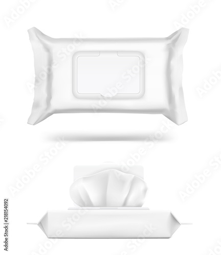 Wet wipes flow pack with realistic transparent shadows on white background. Vector template for your design. Front and side view. Can be used for medical, cosmetic and hygiene. EPS10.