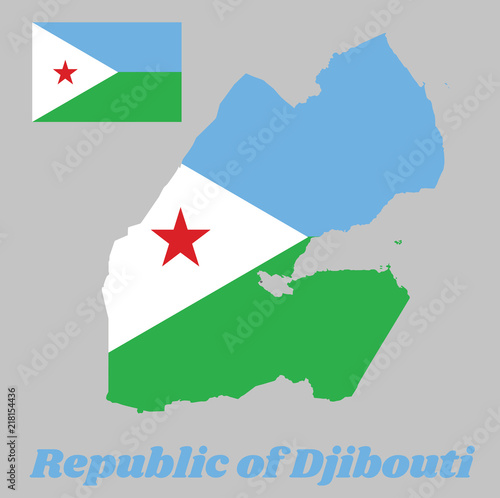 Map outline and flag of Djibouti, A horizontal of light blue and light green, with a white isosceles triangle at the hoist bearing a red star in its center. with name text Republic of Djibouti.