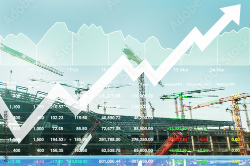 Stock index data analysis of heavy construction industrial technology sector and real estate developer business background with chart and graph.