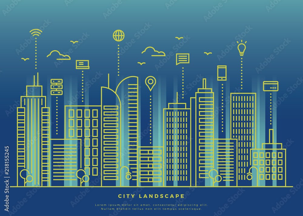 Thin line Smart City Vector Illustration