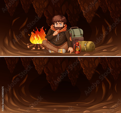 Set of man camping in cave scene