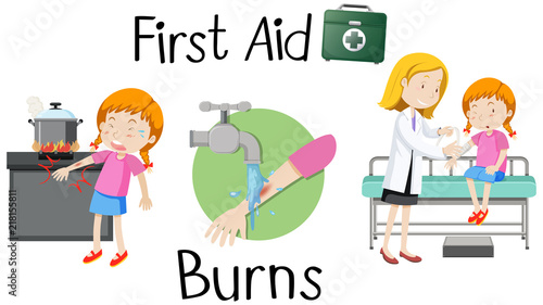 A girl with burn arm first aid