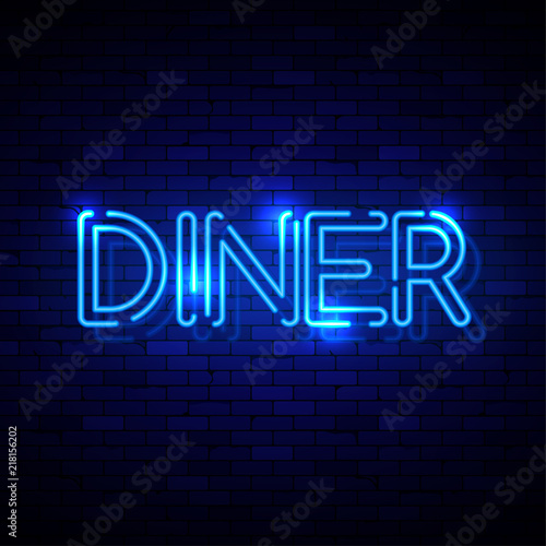 Diner neon sign on the brick wall. Vector Illustration