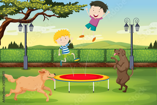 Children jumping on trampoline