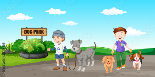 People walking dog at the park