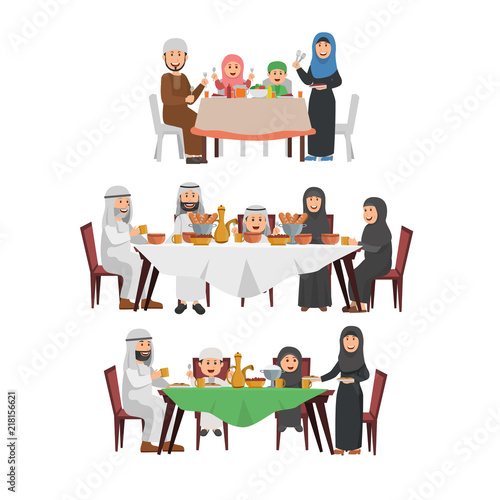 Set of Muslim Family Enjoying Iftar, Tradition Blessing Ramadhan Kareem, Dinner Together in Evening During Ramadhan