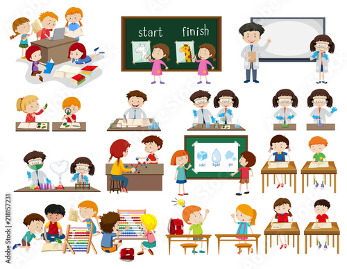 Set of children in classroom scenes