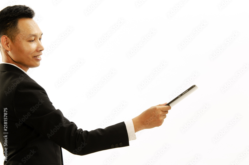 Business man hand holding tablet and giving forward Isolated on white backgrounds sideviews Business man hand holding tablet and giving forward Isolated on white backgrounds sideviews