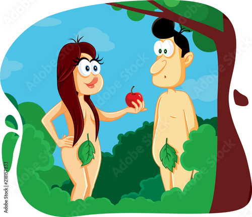 Adam and Eve in the Garden of Eden Cartoon Illustration