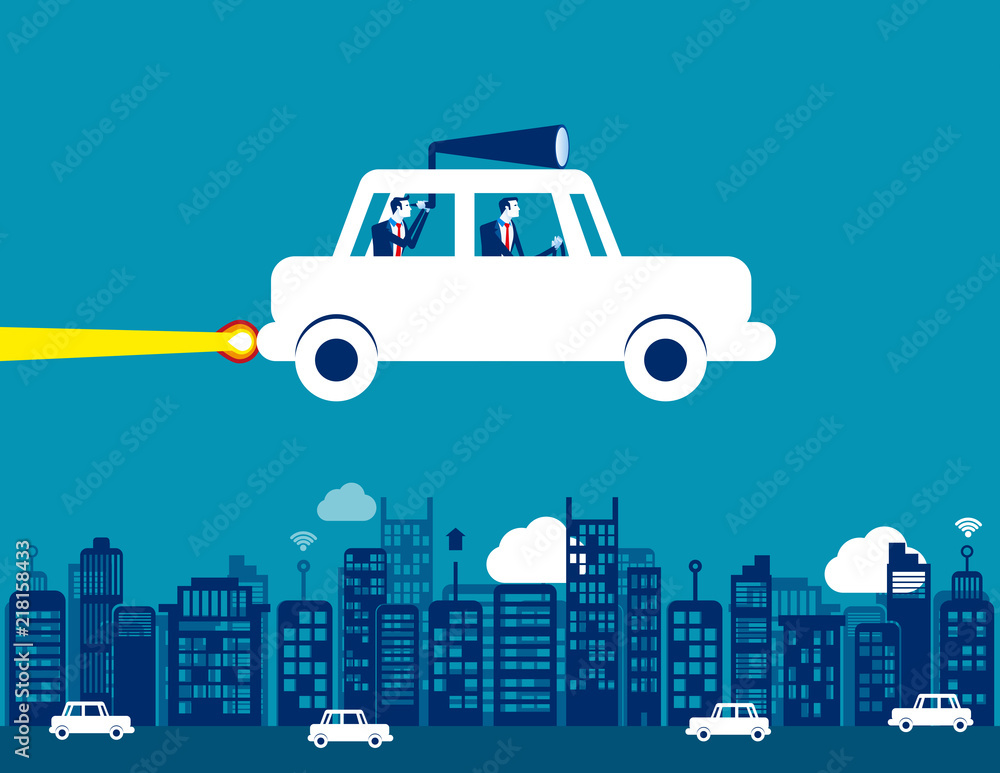 Business team and flying car, Concept business searching vector illustration, City, Transportation, Travel.