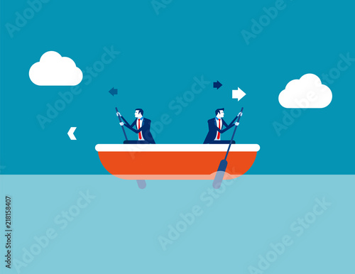 Leader and employee conflict. Concept business direction vector illustration  Boat  Direction  Problem.