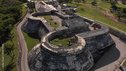 4K Cinematic Aerial circular shot from right to left view of the historical Fort Charlotte in Nassau Bahamas. photo