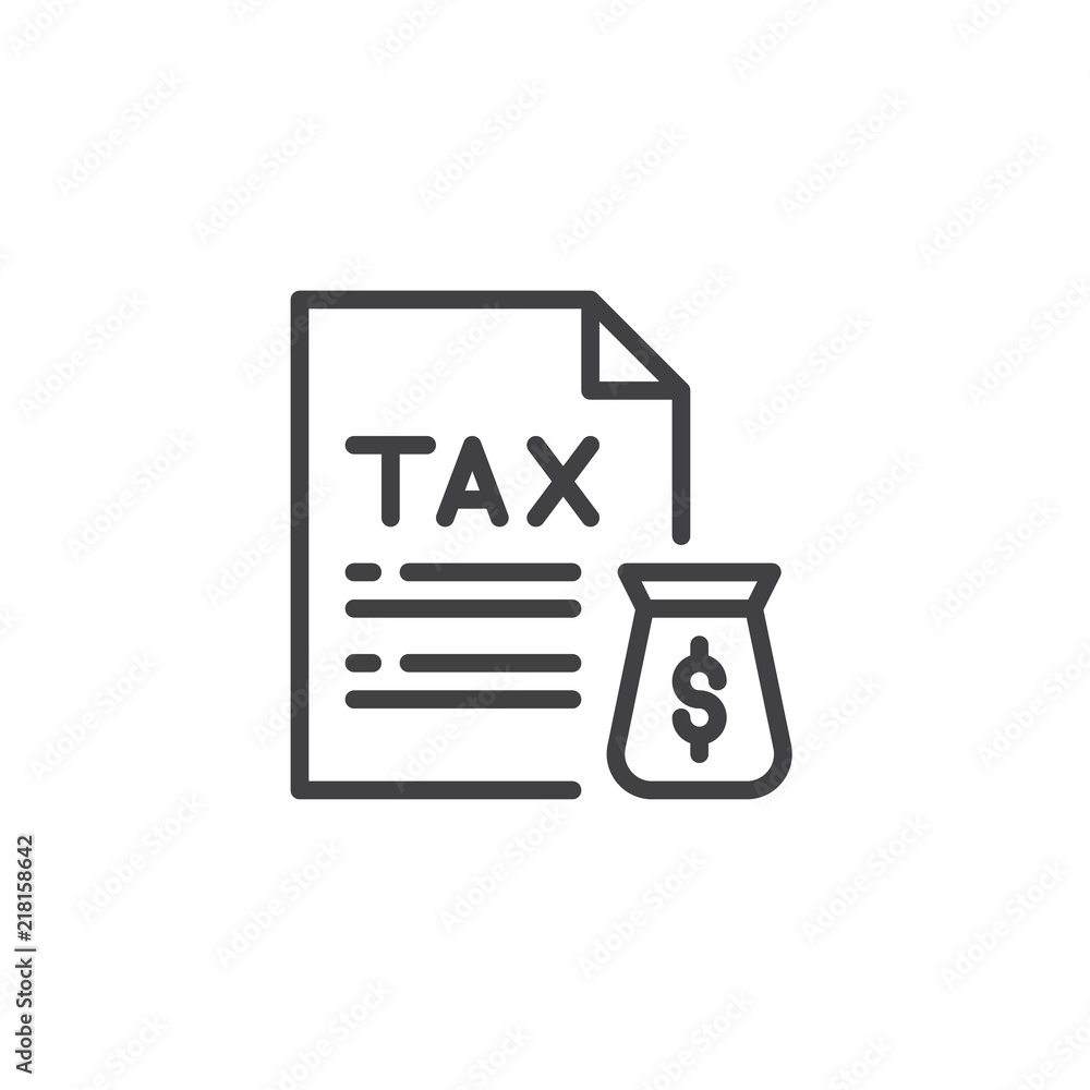 Tax document and money bag outline icon. linear style sign for mobile concept and web design. Taxes pay simple line vector icon. Symbol, logo illustration. Pixel perfect vector graphics Tax document and money bag outline icon. linear style sign for mobile concept and web design. Taxes pay simple line vector icon. Symbol, logo illustration. Pixel perfect vector graphics