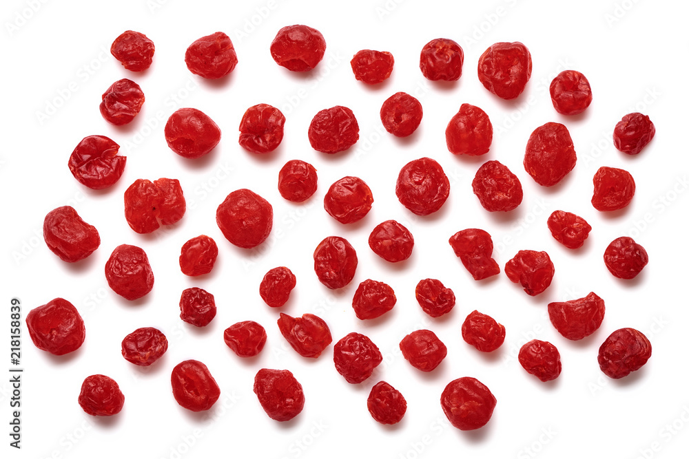 Dried cherries isolated on white background. Top view of candied berries. Flat lay. Dried cherries isolated on white background. Top view of candied berries. Flat lay.