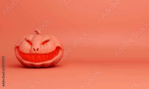 smiling orange pastel pumpkin head jack lantern. Copy space text, Design creatve for happy Halloween festival, 3D rendering illustration. photo