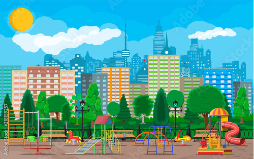 Kids playground kindergarten panorama. Urban child amusement. Slide ladder, rocking toy on spring, slide tube, swing carousel balancer, sandbox. City park. Cityscape. Vector illustration flat style