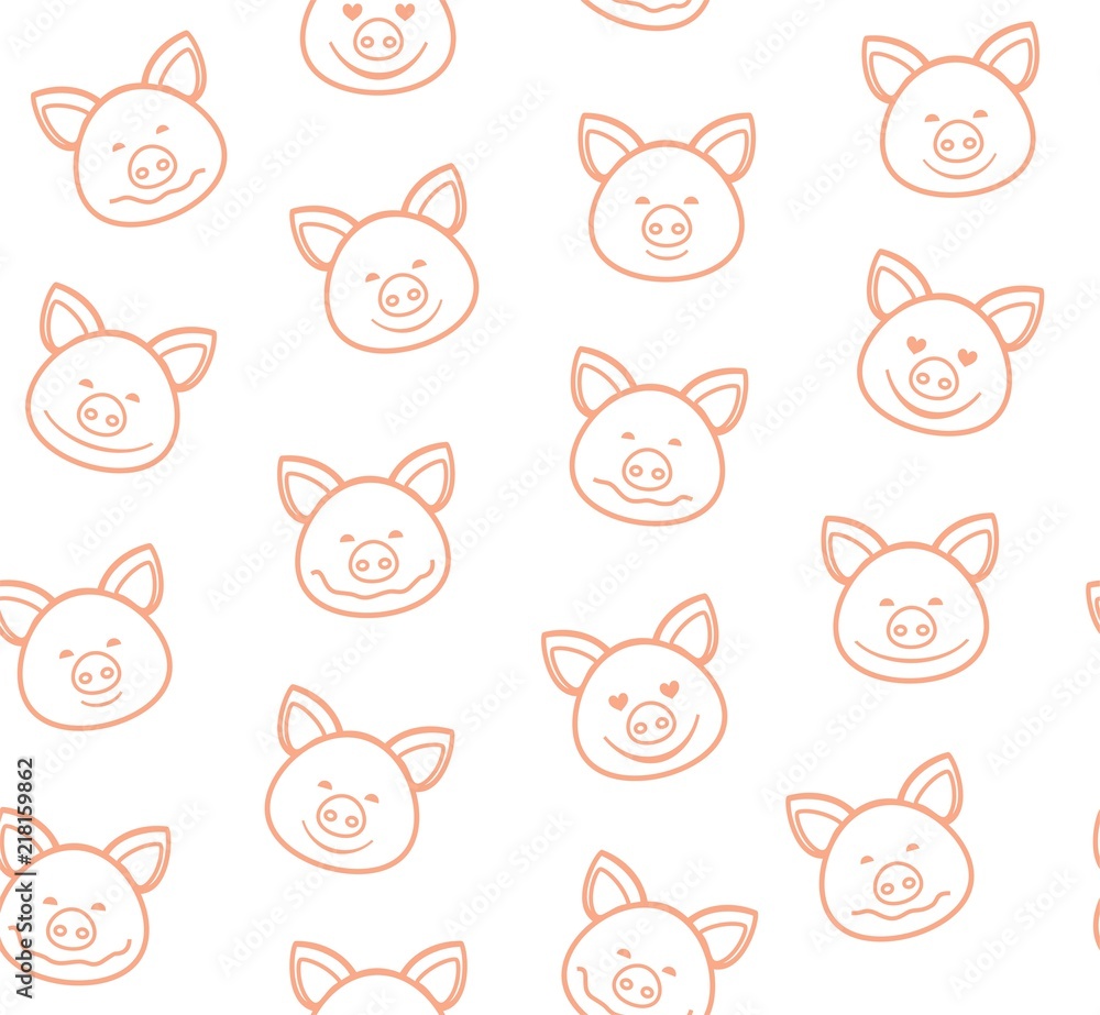 Piglets, seamless pattern, white, pink, vector. Contour faces of pigs on a white background. Pigs are laughing, different emotions. Vector flat pattern.  