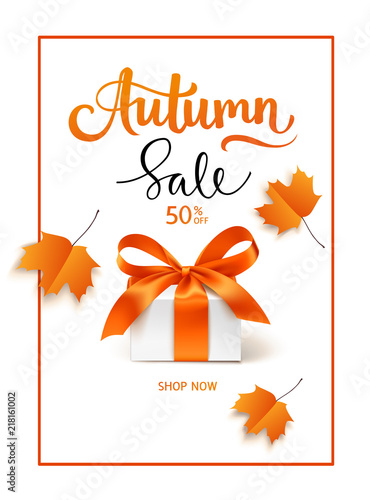 Autumn Sale template design. Lettering with gift box and red maple leaves.Vector illustration