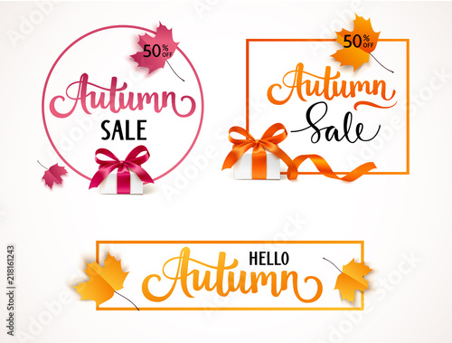 Autumn sale template design. Set of frames with gift box, bow and autumn red maple leaves. Vector illustration.