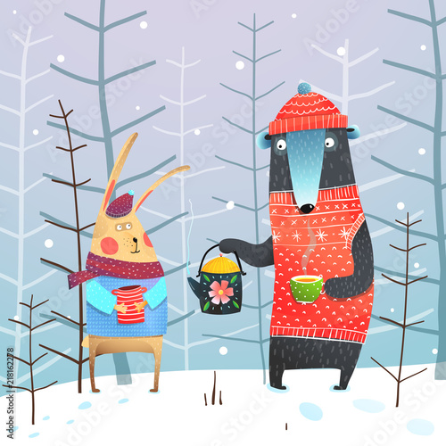 Fun friends with hot tea in winter. Vector cartoon.