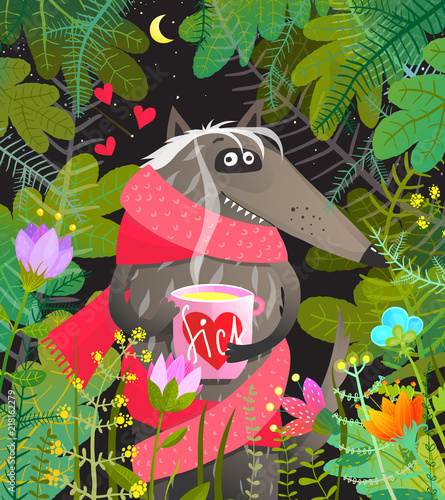 Fun cartoon animal wolf sick in love in the forest.
