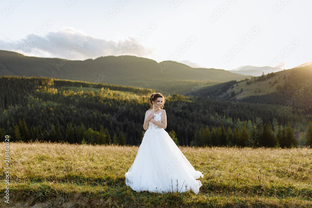Bride in the mountains. The concept of lifestyle and wedding. Bride in the mountains. The concept of lifestyle and wedding.