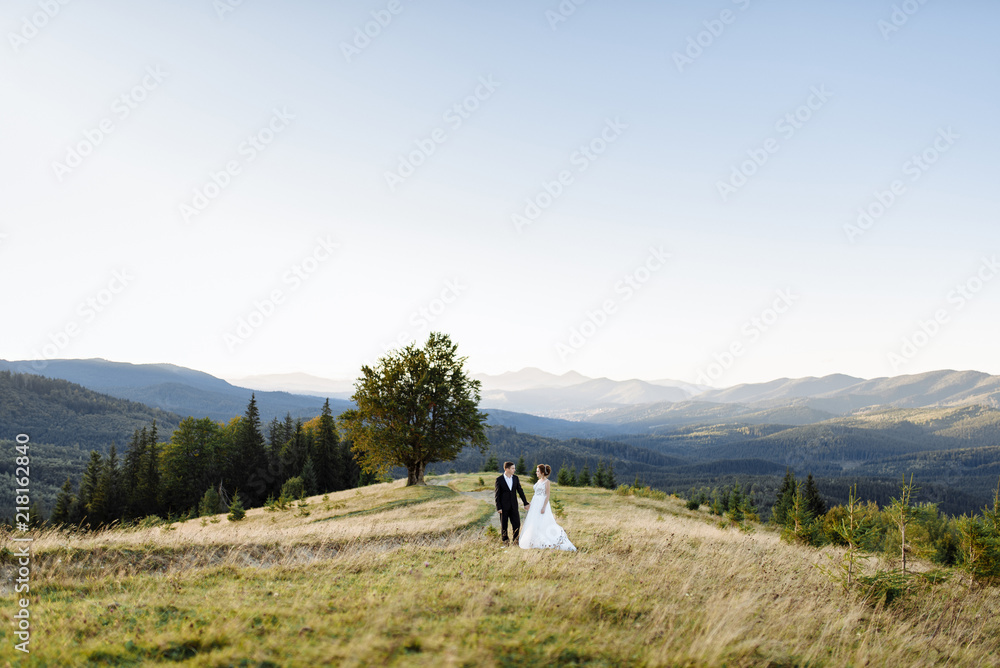 Beautiful bride and groom at the mountains Beautiful bride and groom at the mountains