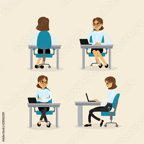 Businesswoman in the workplace in various poses