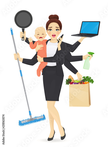 Mother with newborn baby in business clothes cleaning, shopping, talking by phone, cooking and working vector illustration