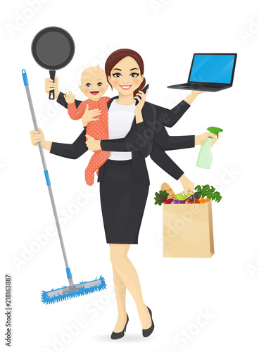 Mother with newborn baby in business clothes cleaning, shopping, talking by phone, cooking and working vector illustration