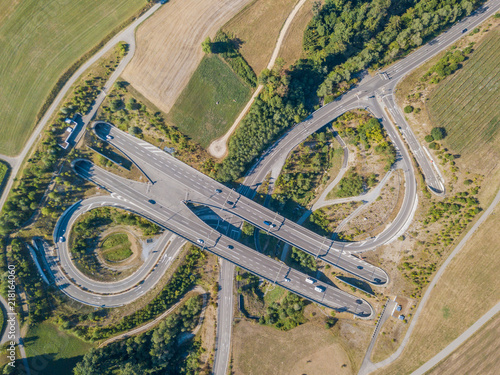 Aerial view of highway bridge and tunnel entrance in Switzerland, Europe