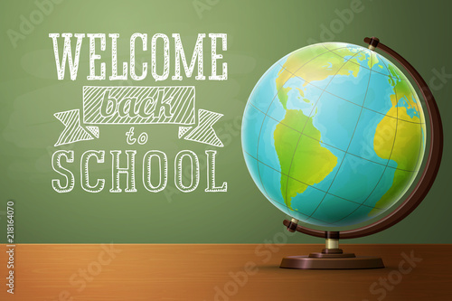 Back to school banner template, with globe on a table and chalkboard. Vector illustration.