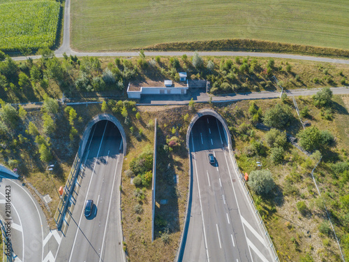 Bilde på lerret Aerial view of tunnel entrance of highway in Switzerland