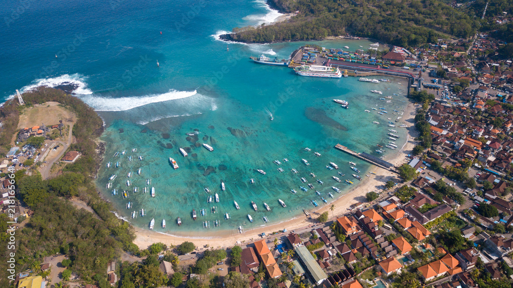 Aerial : Padang Bai Port area,popular destination to Nusa Dua island,Bali island,Indonesia