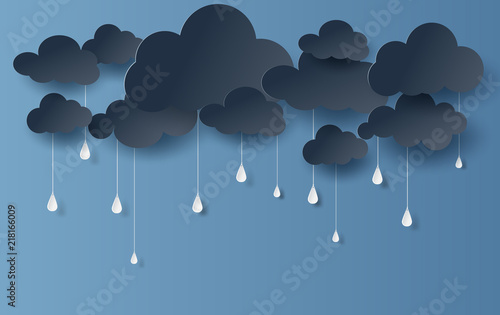 Paper art and craft style of Cloud and rainy season on dark background,vector.illustration