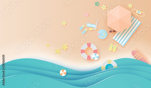 paper art and craft style of top view  travel summer season beach with pastel colortone background,vector.