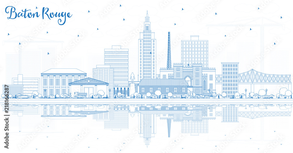 Outline Baton Rouge Louisiana City Skyline with Blue Buildings and Reflections.